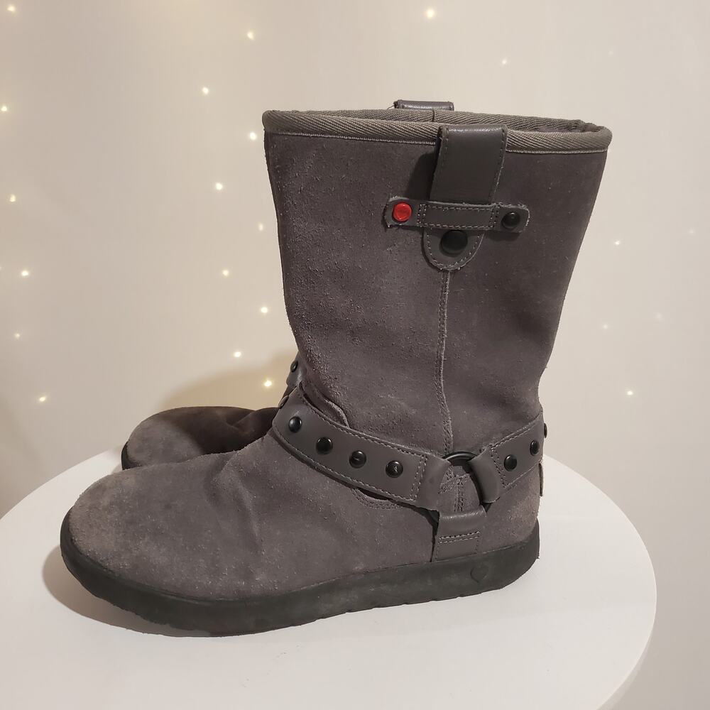 Ugg Heart Kids Suede Shearling Lined Mid Moto Boots Size 4 Gray Winter Leather